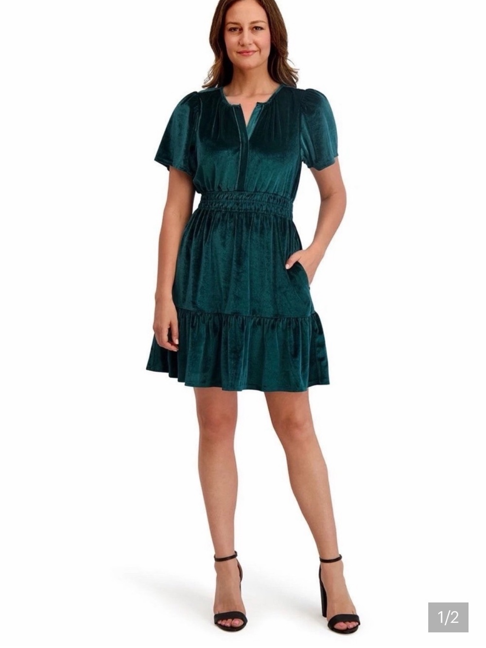 👗French Connection Teal Velvet Short Sleeve Tiered Mini Dress